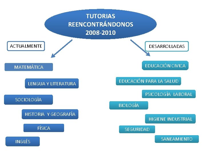 TUTORIAS REENCONTRÁNDONOS 2008 -2010 ACTUALMENTE DESARROLLADAS MATEMÁTICA EDUCACIÓN CIVICA LENGUA Y LITERATURA SOCIOLOGÍA HISTORIA