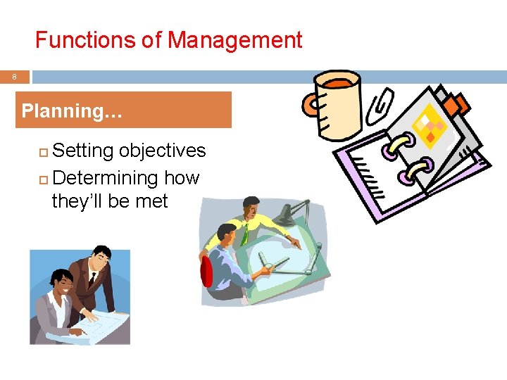 Functions of Management 8 Planning… Setting objectives Determining how they’ll be met 