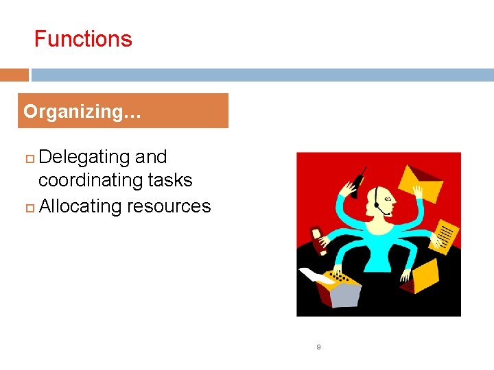Functions Organizing… Delegating and coordinating tasks Allocating resources 9 