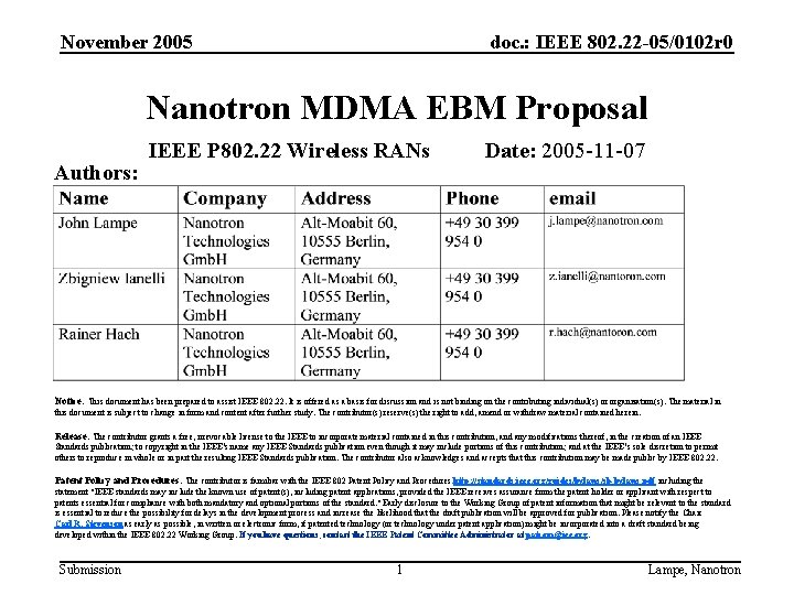 November 2005 doc. : IEEE 802. 22 -05/0102 r 0 Nanotron MDMA EBM Proposal