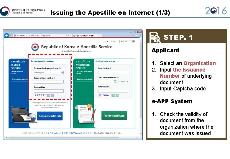Issuing the Apostille on Internet (1/3) STEP. 1 Applicant 1. Select an Organization 2.