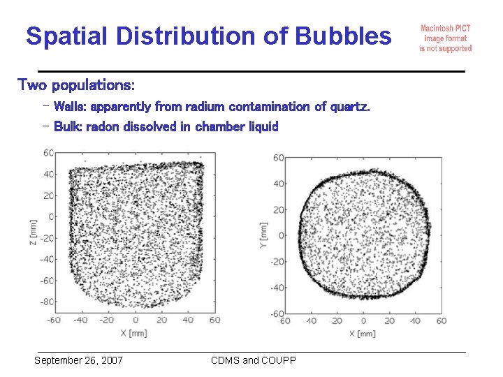 Spatial Distribution of Bubbles Two populations: – Walls: apparently from radium contamination of quartz.