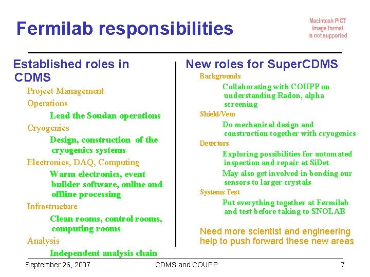 Fermilab responsibilities Established roles in CDMS New roles for Super. CDMS Backgrounds Project Management