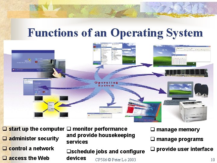 Functions of an Operating System q start up the computer q monitor performance q