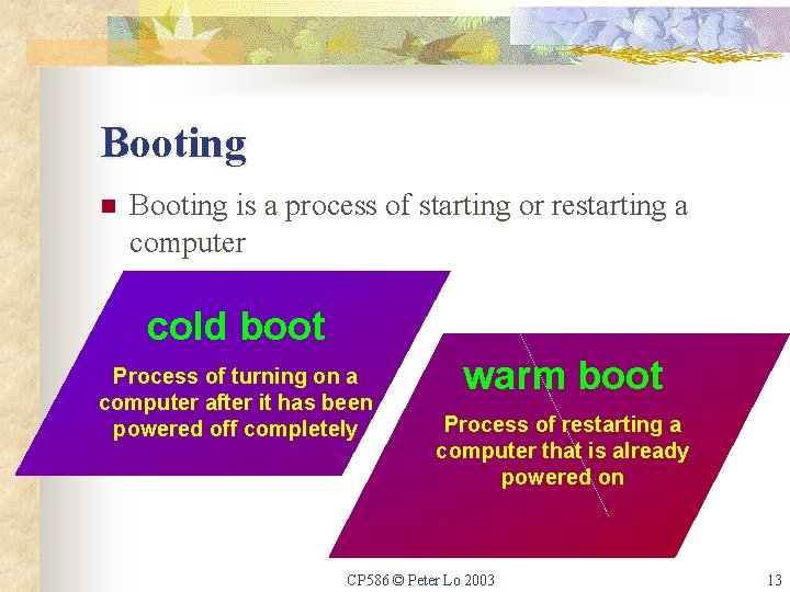 Booting n Booting is a process of starting or restarting a computer Cold Boot: