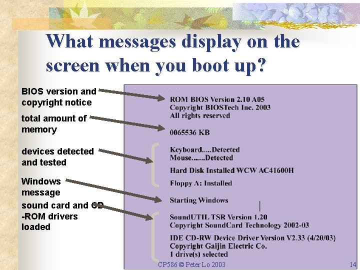 What messages display on the screen when you boot up? BIOS version and copyright