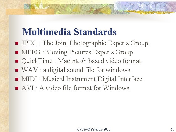 Multimedia Standards n n n JPEG : The Joint Photographic Experts Group. MPEG :