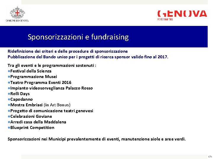 Sponsorizzazioni e fundraising Ridefinizione dei criteri e delle procedure di sponsorizzazione Pubblicazione del Bando