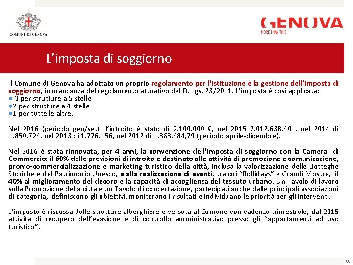 L’imposta di soggiorno Il Comune di Genova ha adottato un proprio regolamento per l’istituzione
