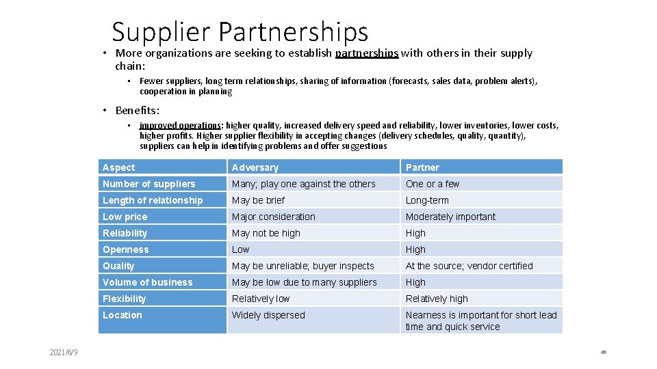Supplier Partnerships • More organizations are seeking to establish partnerships with others in their