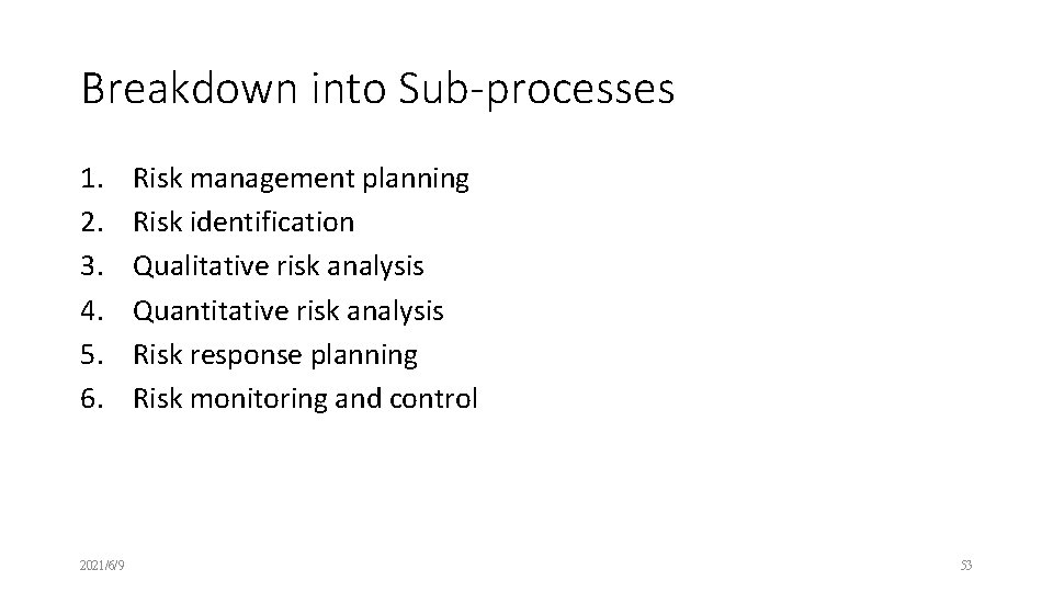 Breakdown into Sub-processes 1. 2. 3. 4. 5. 6. 2021/6/9 Risk management planning Risk