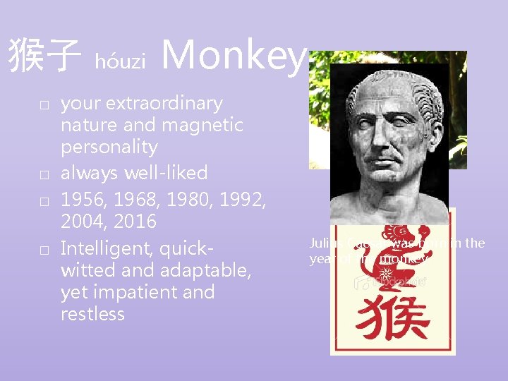 猴子 hóuzi Monkey � � your extraordinary nature and magnetic personality always well-liked 1956,