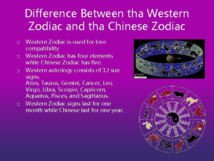 Difference Between tha Western Zodiac and tha Chinese Zodiac � � Western Zodiac is