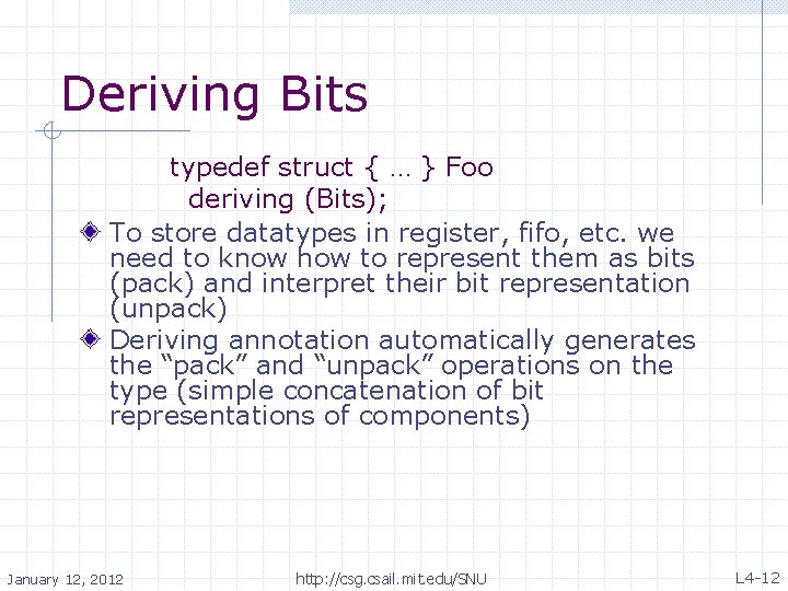 Deriving Bits typedef struct { … } Foo deriving (Bits); To store datatypes in