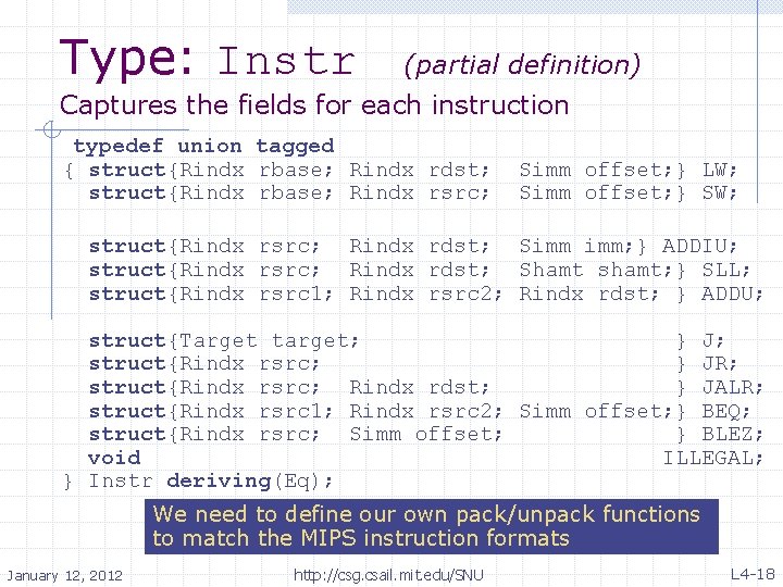 Type: Instr (partial definition) Captures the fields for each instruction • typedef union {