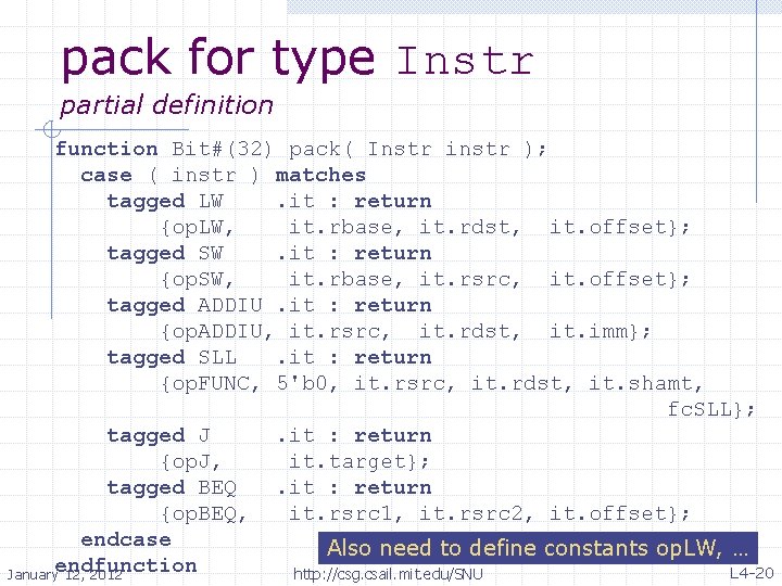 pack for type Instr partial definition function Bit#(32) pack( Instr instr ); case (