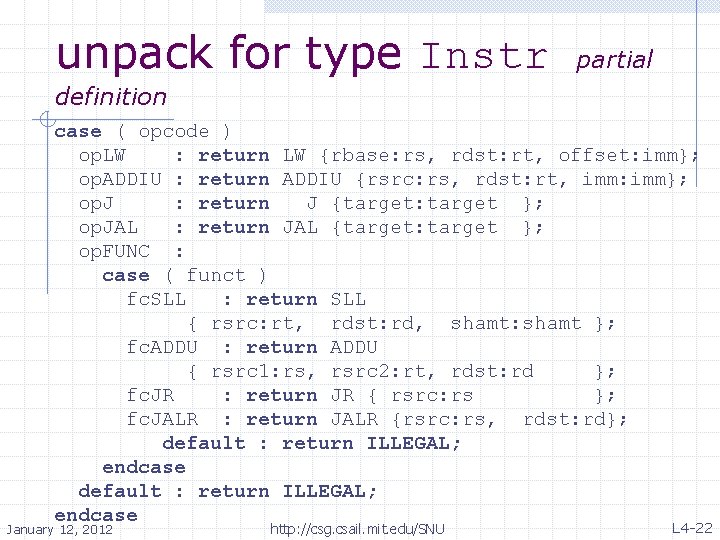 unpack for type Instr partial definition case ( opcode ) op. LW : return