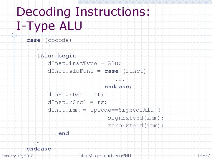 Decoding Instructions: I-Type ALU case (opcode) … IAlu: begin d. Inst. inst. Type =