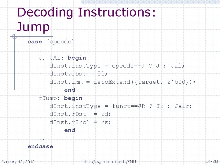 Decoding Instructions: Jump case (opcode) … J, JAL: begin d. Inst. inst. Type =