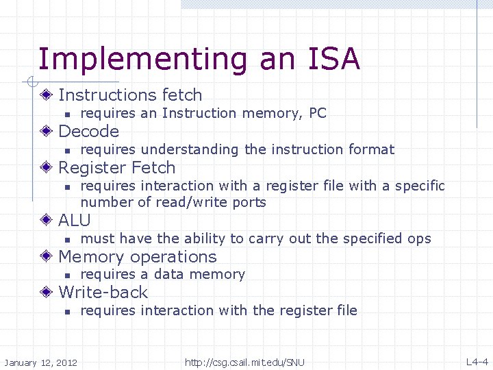 Implementing an ISA Instructions fetch n requires an Instruction memory, PC Decode n requires