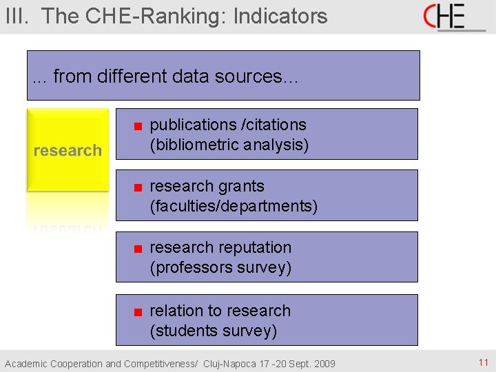 III. The CHE-Ranking: Indicators. . . from different data sources… < publications /citations (bibliometric
