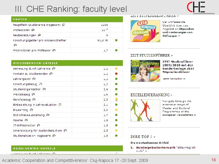 III. CHE Ranking: faculty level Academic Cooperation and Competitiveness/ Cluj-Napoca 17 -20 Sept. 2009