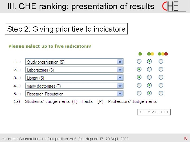 III. CHE ranking: presentation of results Step 2: Giving priorities to indicators Academic Cooperation