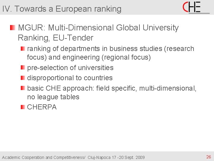 IV. Towards a European ranking MGUR: Multi-Dimensional Global University Ranking, EU-Tender ranking of departments
