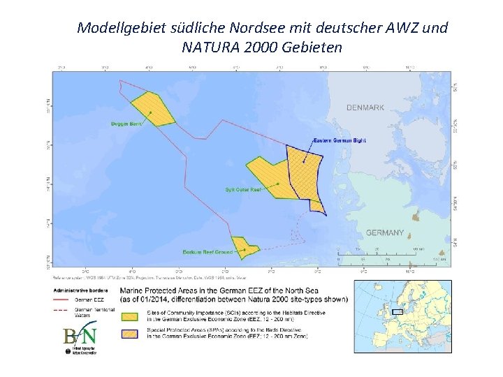 Modellgebiet südliche Nordsee mit deutscher AWZ und NATURA 2000 Gebieten 