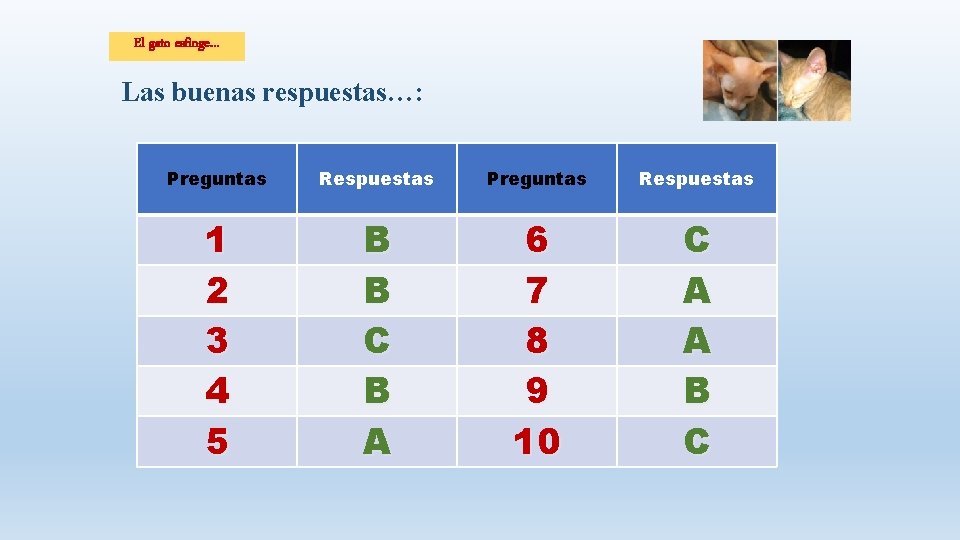 El gato esfinge… Las buenas respuestas…: Preguntas Respuestas 1 2 3 4 5 B