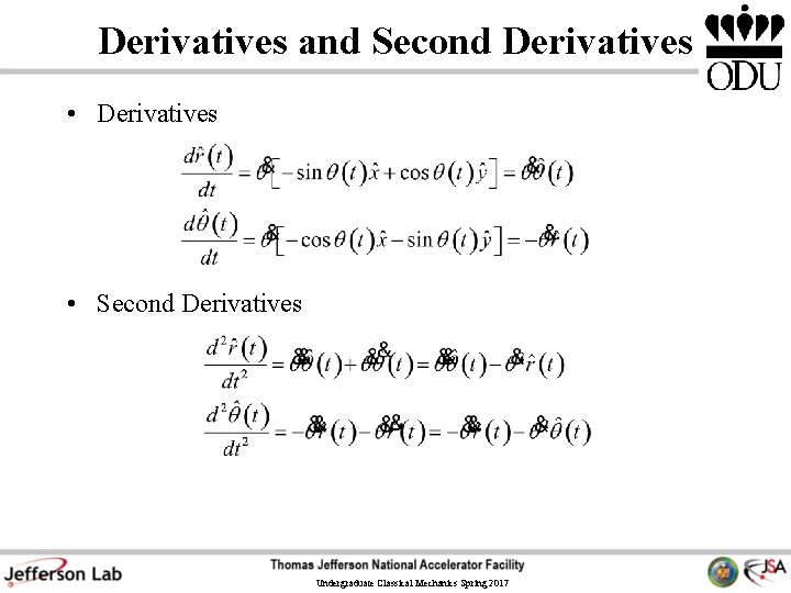 Derivatives and Second Derivatives • Derivatives • Second Derivatives Undergraduate Classical Mechanics Spring 2017