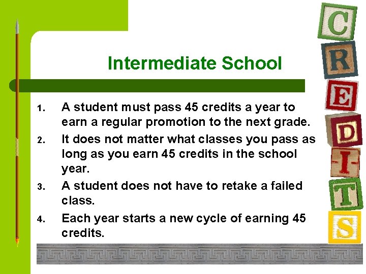 Intermediate School 1. 2. 3. 4. A student must pass 45 credits a year