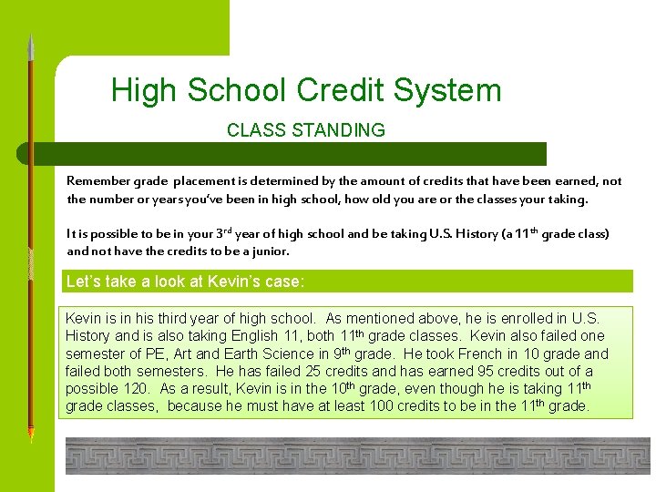 High School Credit System CLASS STANDING Remember grade placement is determined by the amount