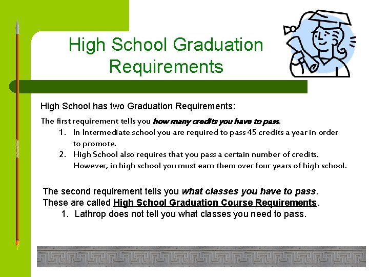 High School Graduation Requirements High School has two Graduation Requirements: The first requirement tells