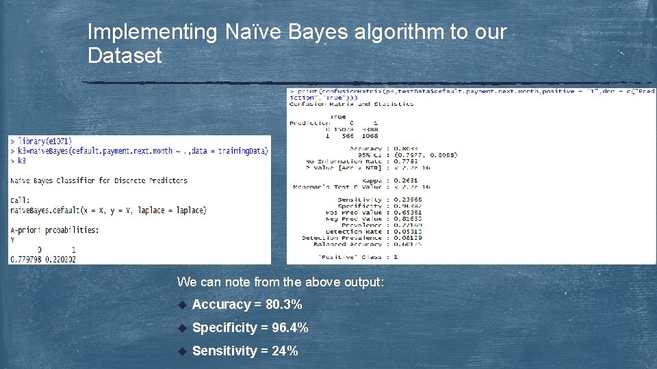 Implementing Naïve Bayes algorithm to our Dataset We can note from the above output:
