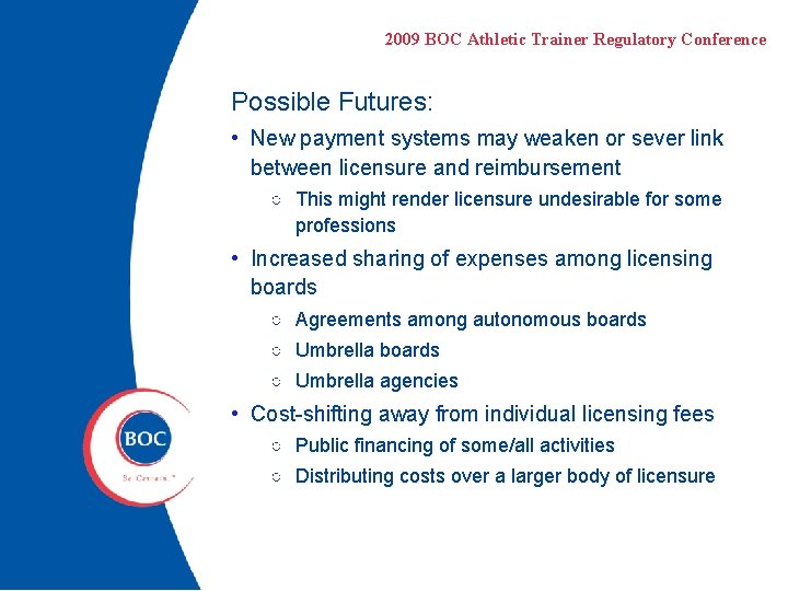 2009 BOC Athletic Trainer Regulatory Conference Possible Futures: • New payment systems may weaken