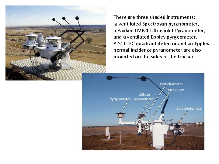 There are three shaded instruments: a ventilated Spectrosun pyranometer, a Yankee UVB-1 Ultraviolet Pyranometer,