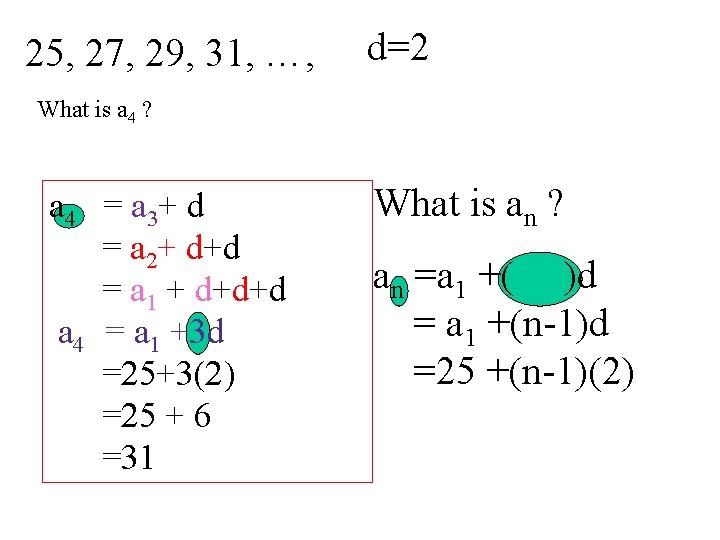 25, 27, 29, 31, …, d=2 What is a 4 ? a 4 =