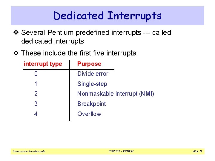 Dedicated Interrupts v Several Pentium predefined interrupts --- called dedicated interrupts v These include