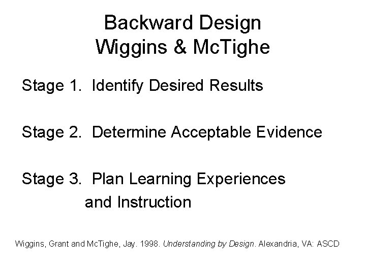 Backward Design Wiggins & Mc. Tighe Stage 1. Identify Desired Results Stage 2. Determine