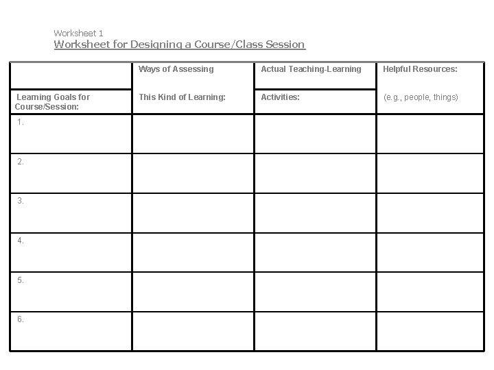 Worksheet 1 Worksheet for Designing a Course/Class Session Learning Goals for Course/Session: 1. 2.