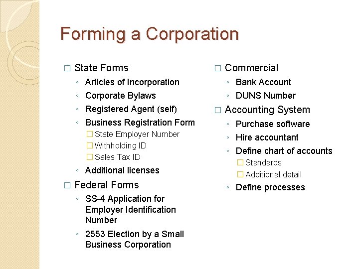 Forming a Corporation � State Forms ◦ ◦ Corporate Bylaws Registered Agent (self) Business