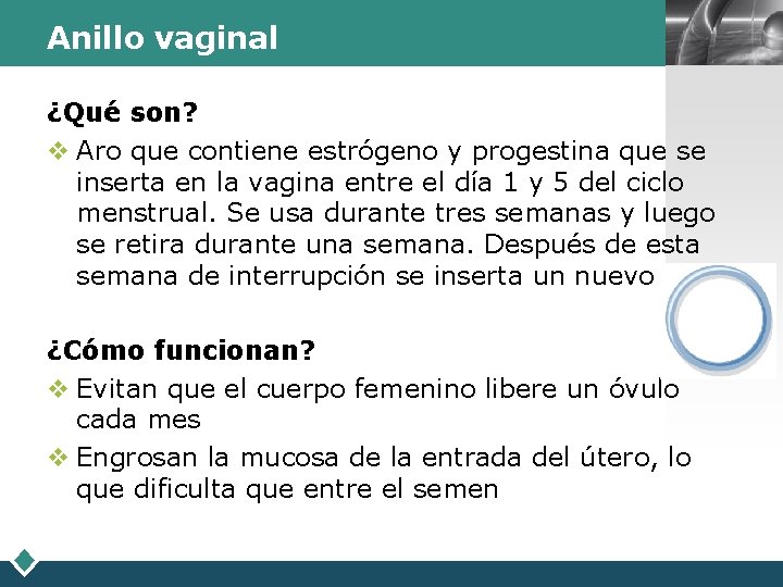 Anillo vaginal LOGO ¿Qué son? v Aro que contiene estrógeno y progestina que se