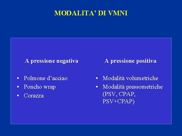 MODALITA’ DI VMNI A pressione negativa • Polmone d’acciao • Poncho wrap • Corazza