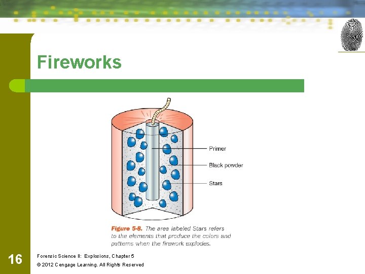 Fireworks 16 Forensic Science II: Explosions, Chapter 5 © 2012 Cengage Learning. All Rights Fireworks 16 Forensic Science II: Explosions, Chapter 5 © 2012 Cengage Learning. All Rights