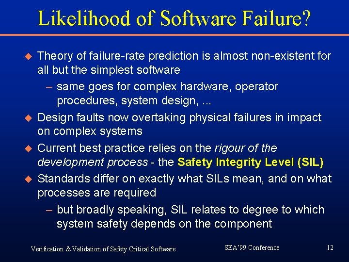 Likelihood of Software Failure? u u Theory of failure-rate prediction is almost non-existent for Likelihood of Software Failure? u u Theory of failure-rate prediction is almost non-existent for