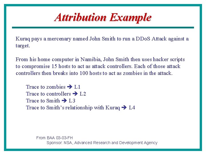 Attribution Example Kuraq pays a mercenary named John Smith to run a DDo. S