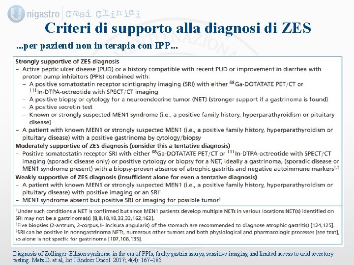 Criteri di supporto alla diagnosi di ZES. . . per pazienti non in terapia