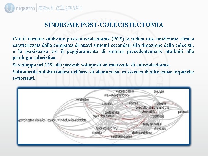 SINDROME POST-COLECISTECTOMIA Con il termine sindrome post-colecistectomia (PCS) si indica una condizione clinica caratterizzata