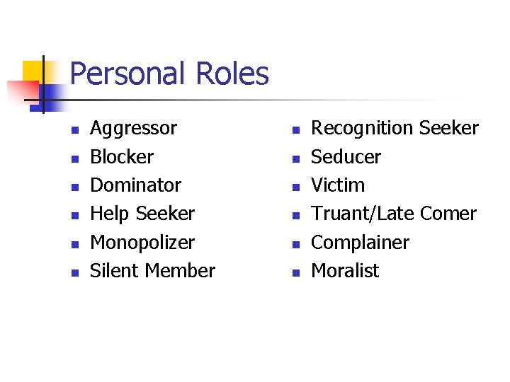 Personal Roles n n n Aggressor Blocker Dominator Help Seeker Monopolizer Silent Member n Personal Roles n n n Aggressor Blocker Dominator Help Seeker Monopolizer Silent Member n